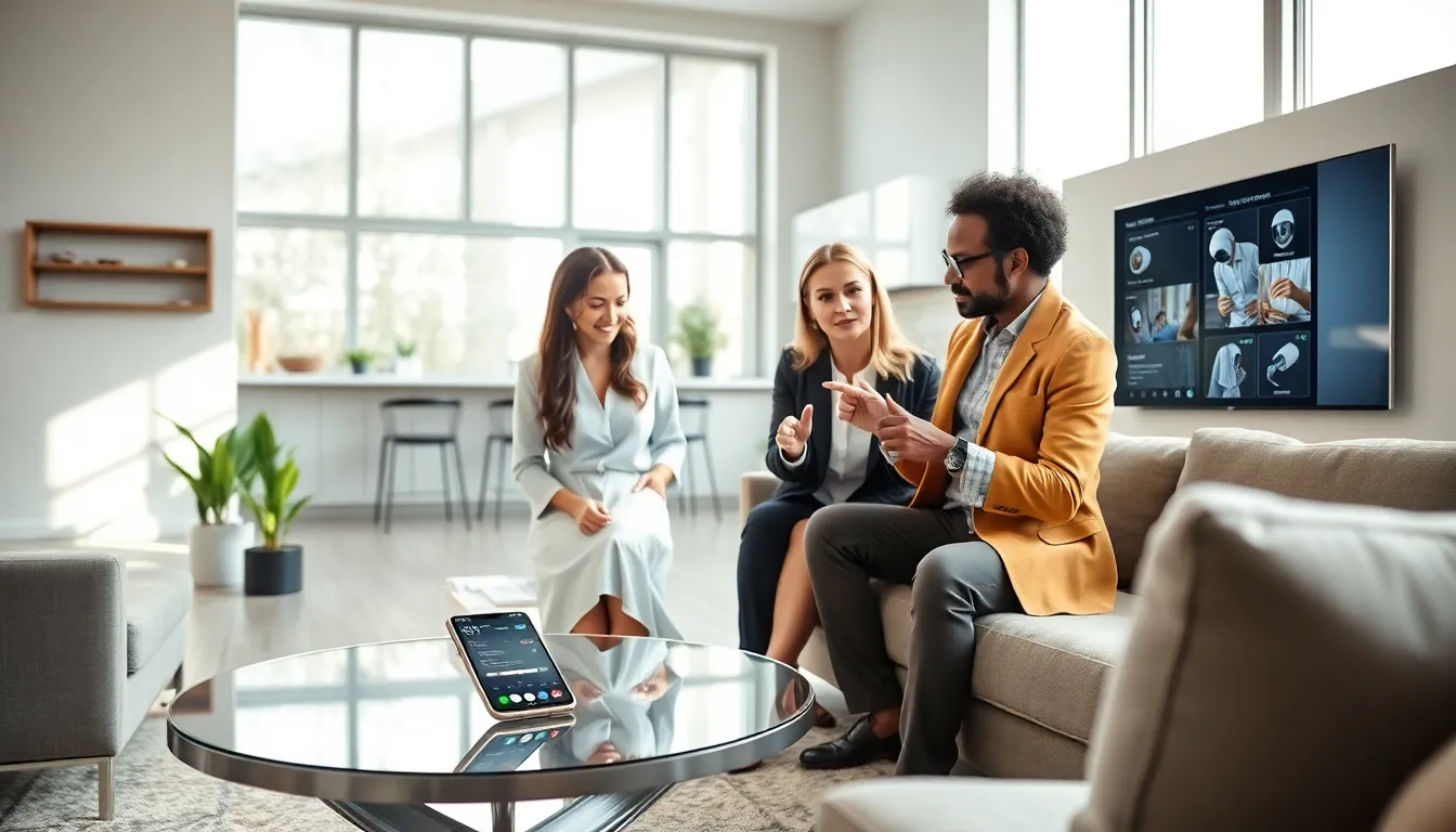 modern living room featuring smart home technology and diverse professionals discussing.