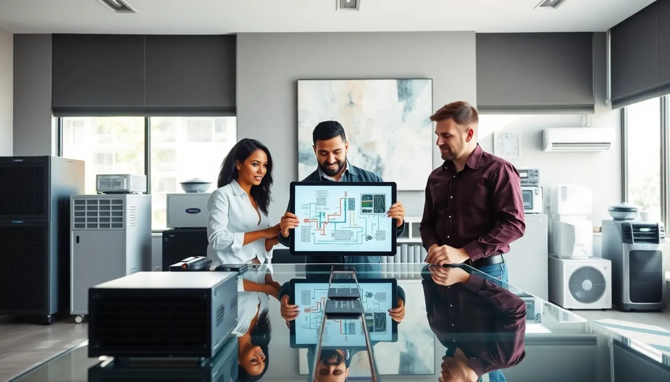 diverse team collaborating in a modern HVAC workspace.