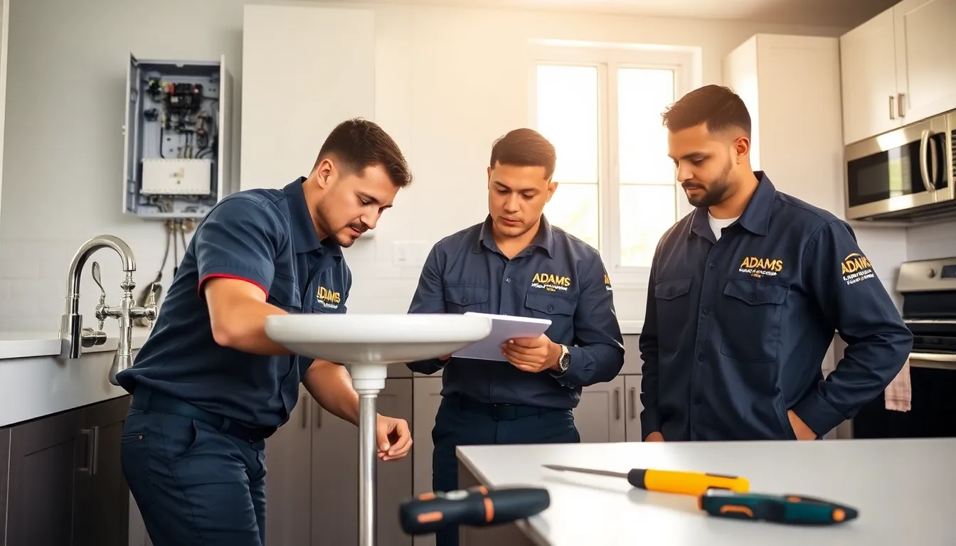 technicians from Adams Plumbing and Electrical working in a modern home.