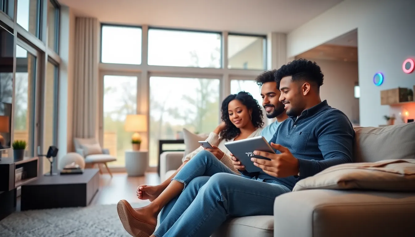 family using smart home devices in a modern living room.