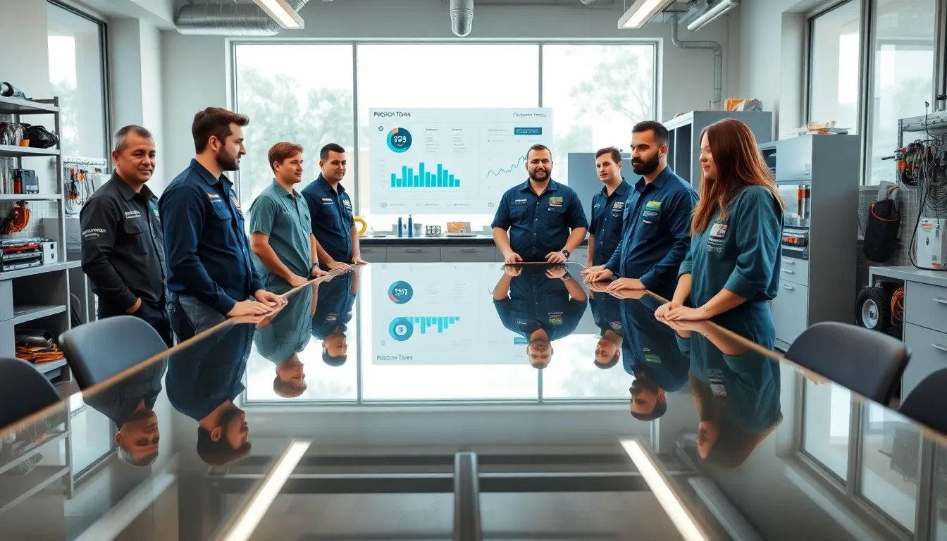 diverse technicians collaborating in a modern service center.