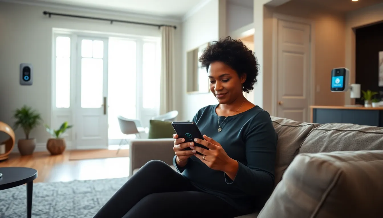A woman monitoring smart home security on her smartphone in a modern living room.