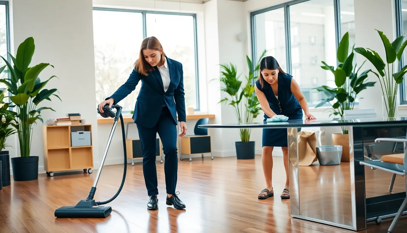 diverse cleaning staff maintaining a clean office environment.